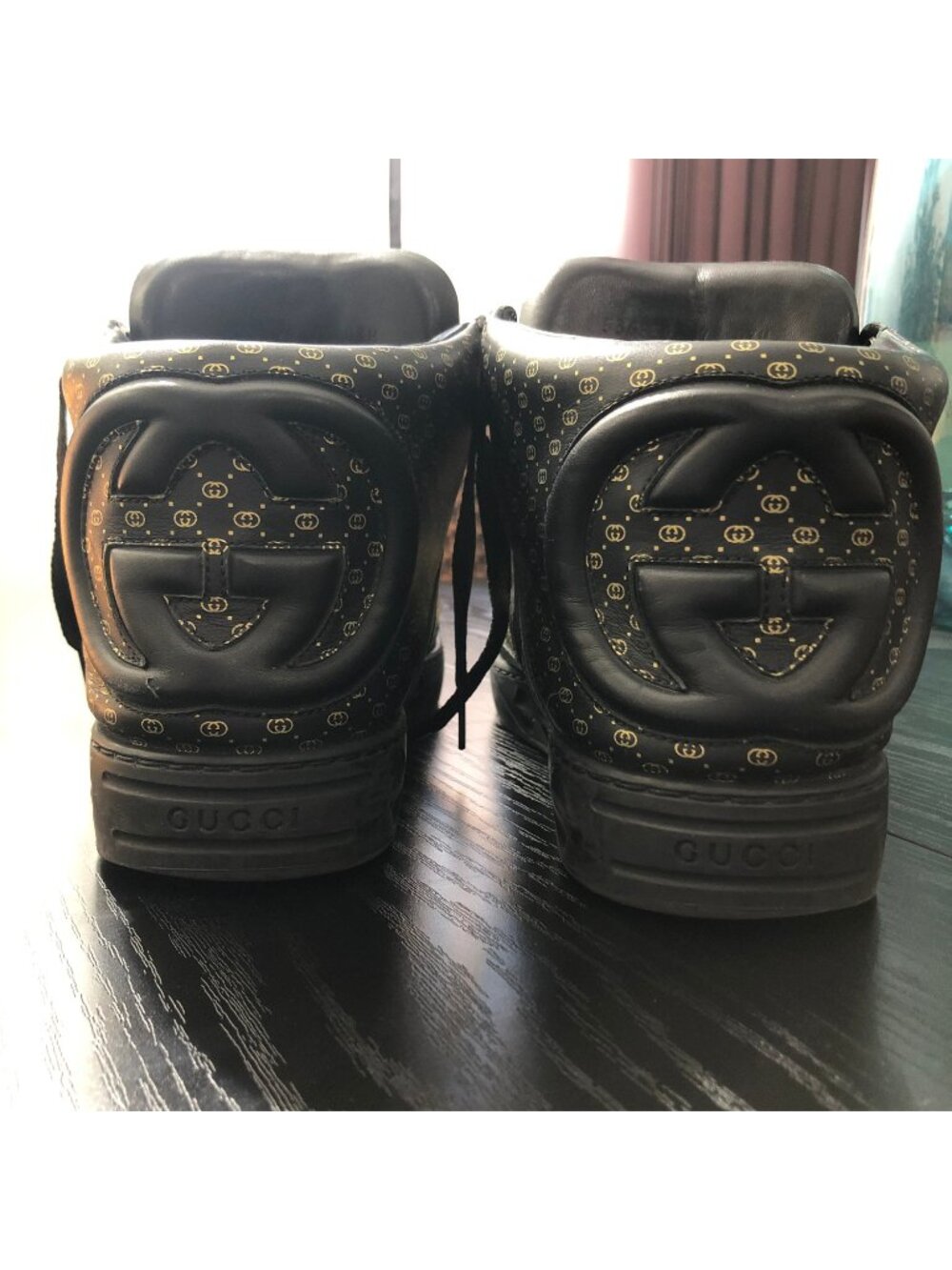 Gucci Dapper Dan GG High Top Men's Sneaker Black Gold Monogram 536839 7 03H US 8